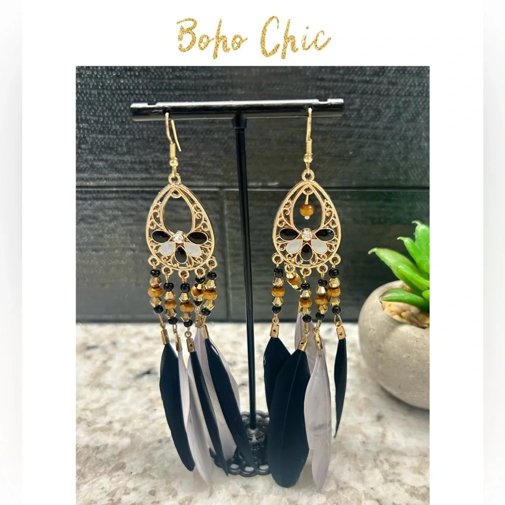 Boho Chic Black/Gray Feather Earrings - Picture 1 of 3